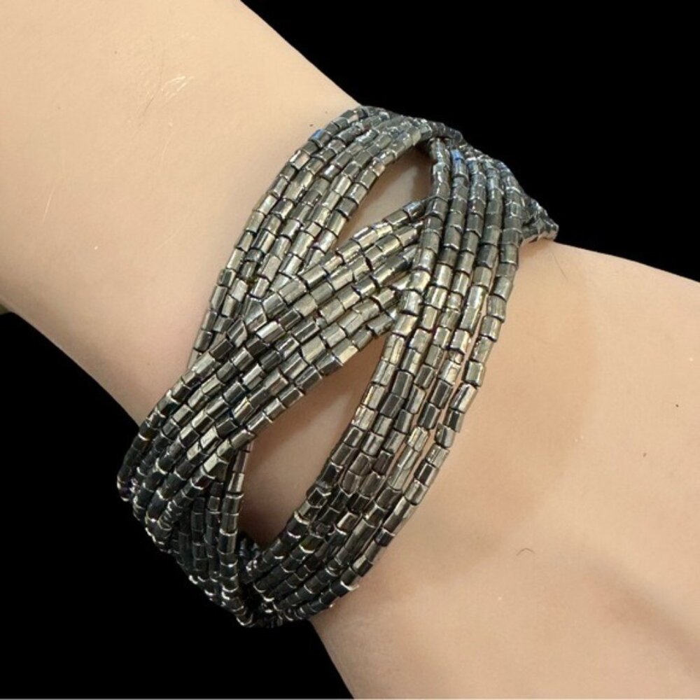 Silver-Tone Multi-Strand Metallic Beaded Cuff Bracelet For Women